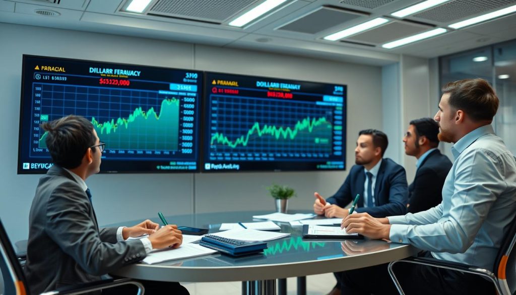 analistas financieros discutiendo pronosticos sobre la cotizacion oficial del dolar paraguay