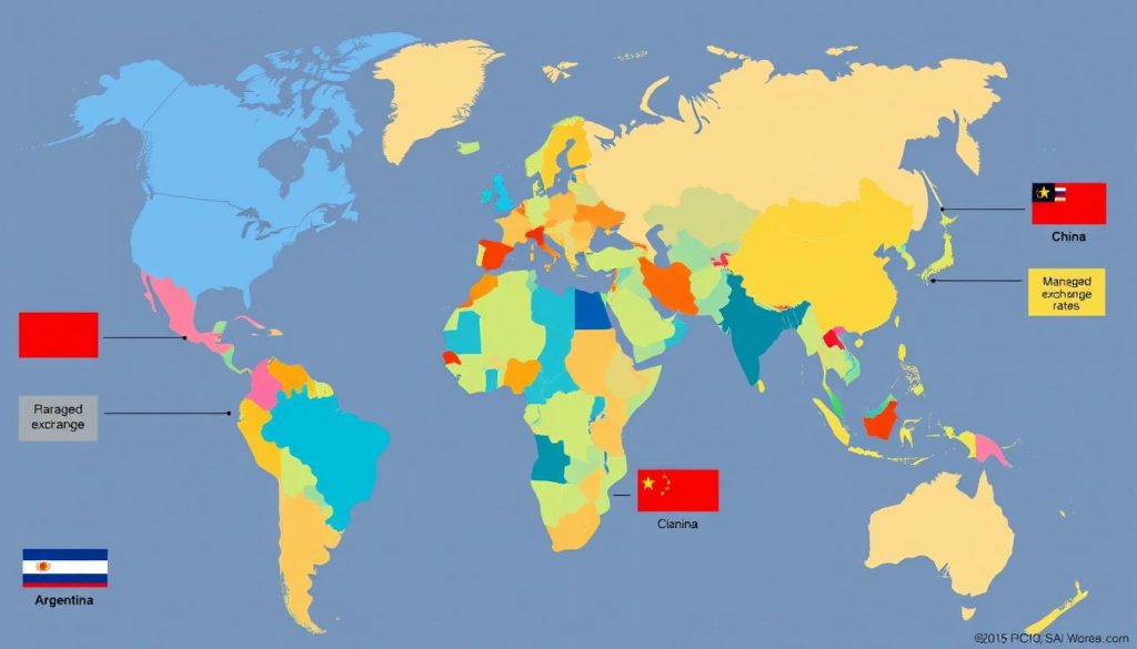 mapa mundial mostrando diferentes paises y sus sistemas de tipo de cambio SET