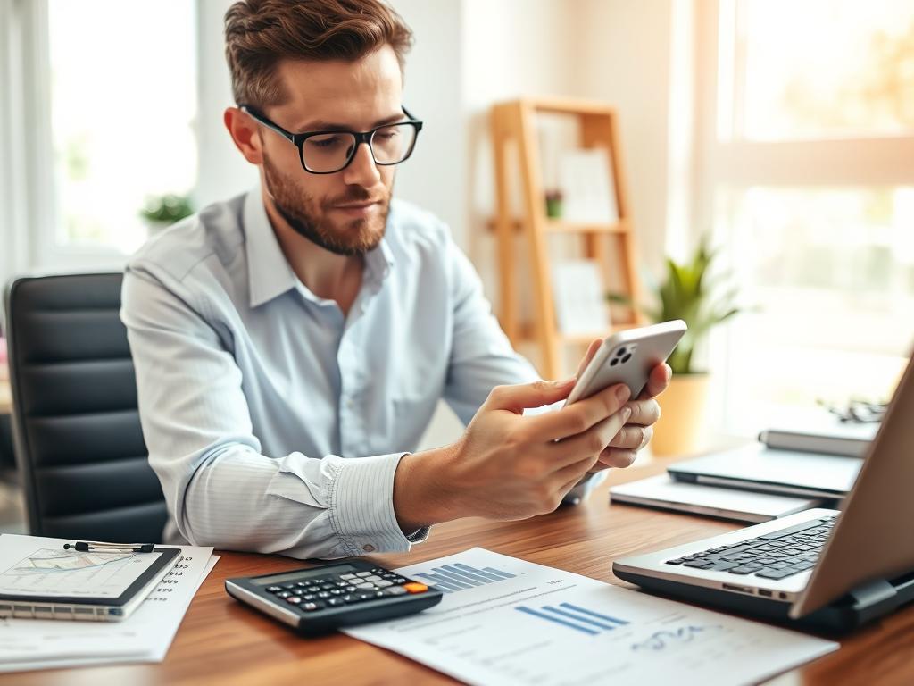 persona consultando el tipo de cambio en su telefono movil mientras planifica sus finanzas personales