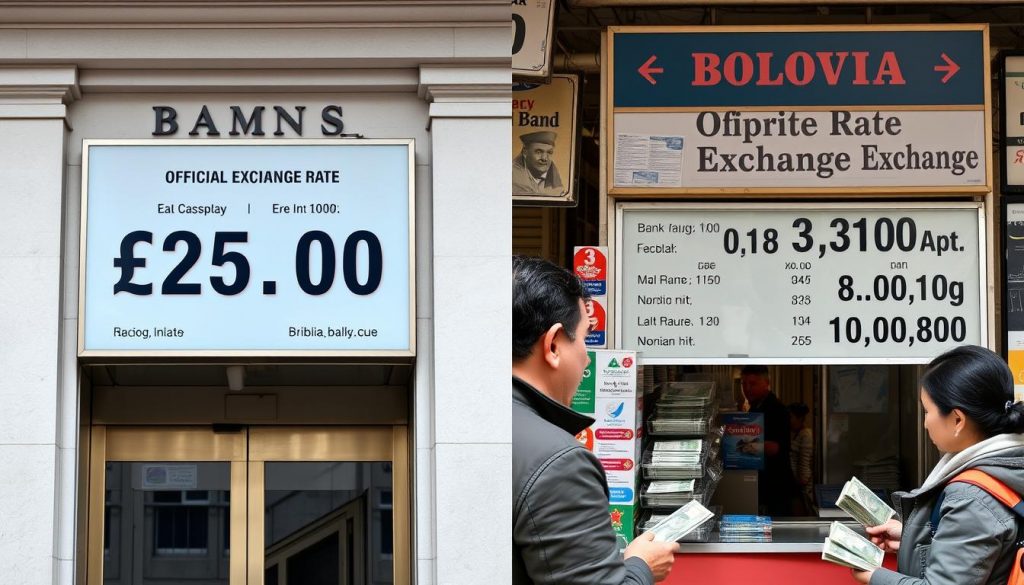 compracion entre tipo de cambio oficial en bolivia y el mercado paralelo moestrando en una casa de cambio